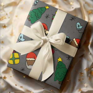 Black Santa wrapping paper with gifts and Christmas trees