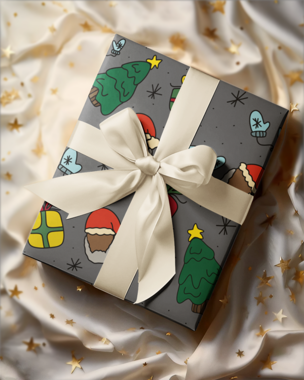 Black Santa wrapping paper with gifts and Christmas trees