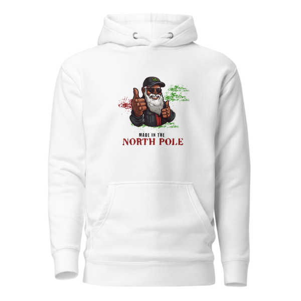 image of a custom white hoodie with a black santa